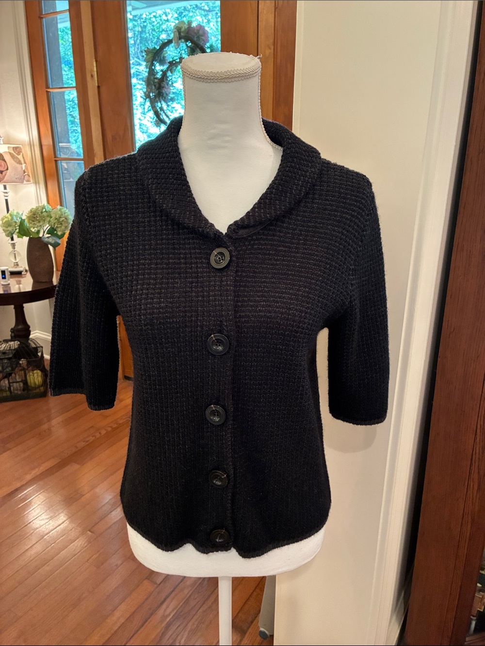 LOFT Black Textured Fitted Button-Up Short Sleeve Cardigan Wool/Cashmere Blend
